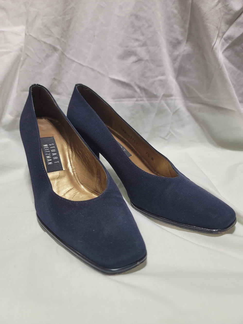 Stuart Weitzman Navy Blue Satin Square Toe Pumps, Size 7.5 B - Picture 2 of 10
